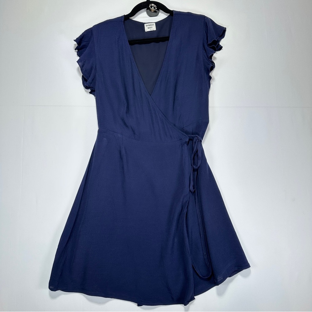 Sunday Best Wrap Mini Dress Navy Ruffle Sleeve Tie Waist V Neck Size M